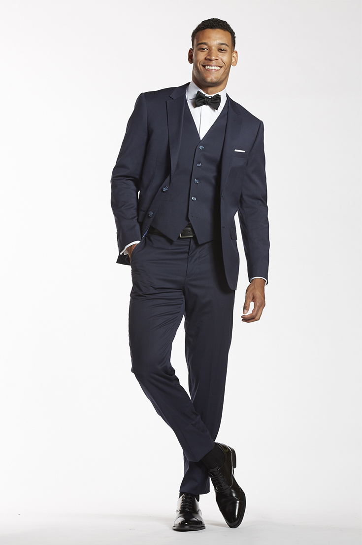 Navy suit store and black shoes